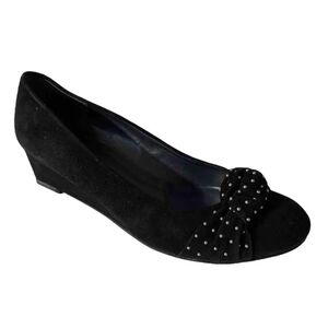 Stuart Weitzman Shoes, Size 9.5 Black Suede, Slip-on, Wedge Heel, Dot Bow Detail